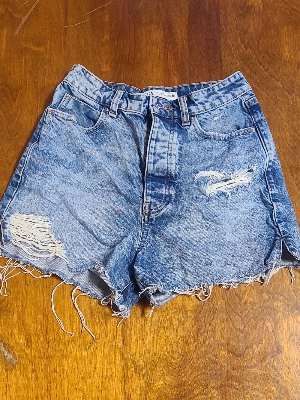 Zara Light Blue Distressed Denim Shorts With Button Fly